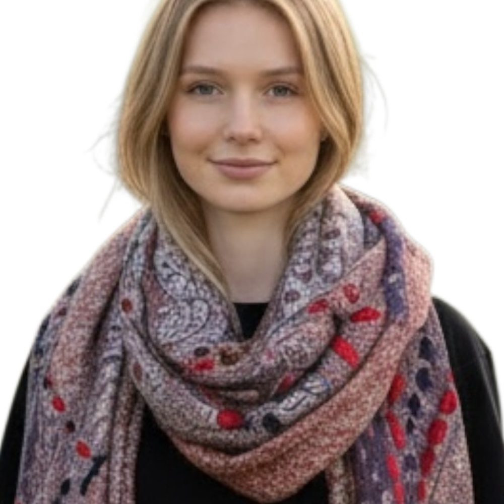Raj Cozy Pink Paisley Winter Scarf with Handstitching Raj 2